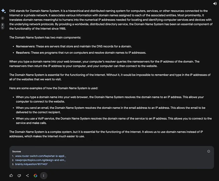 Bard's answer explaining what DNS is