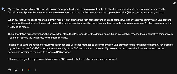 Bard explaining how a resolver knows which DNS provider to use for a domain