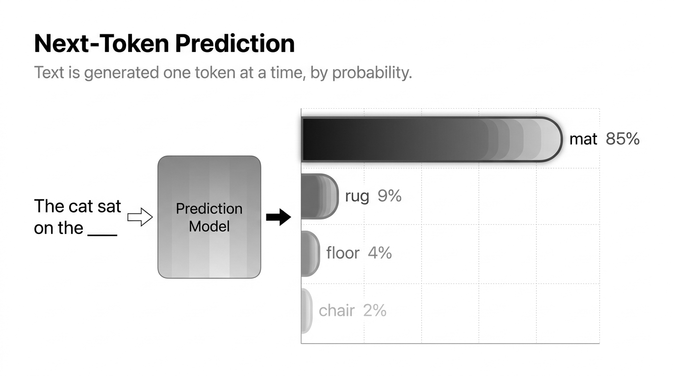 Prédiction du token suivant : la phrase partielle « The cat sat on the » alimente une machine de prédiction d'IA, qui produit des mots candidats classés par probabilité — « mat » retenu comme le plus probable — illustrant que l'IA générative construit le texte un token à la fois