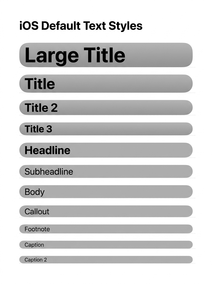 Eine Typo-Skala der iOS-Standard-Textstile vom größten zum kleinsten: Large Title, Title, Title 2, Title 3, Headline, Subheadline, Body, Callout, Footnote, Caption, Caption 2