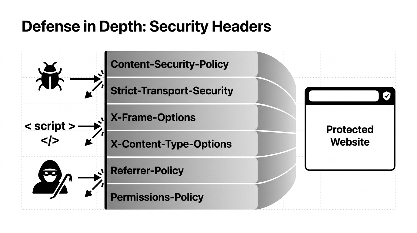 Defense in depth with web security headers: a browser protected by a barrier of layered HTTP response headers β Content-Security-Policy, Strict-Transport-Security, X-Frame-Options, X-Content-Type-Options, Referrer-Policy, and Permissions-Policy β each blocking a class of attack such as XSS, clickjacking, MIME sniffing, and man-in-the-middle