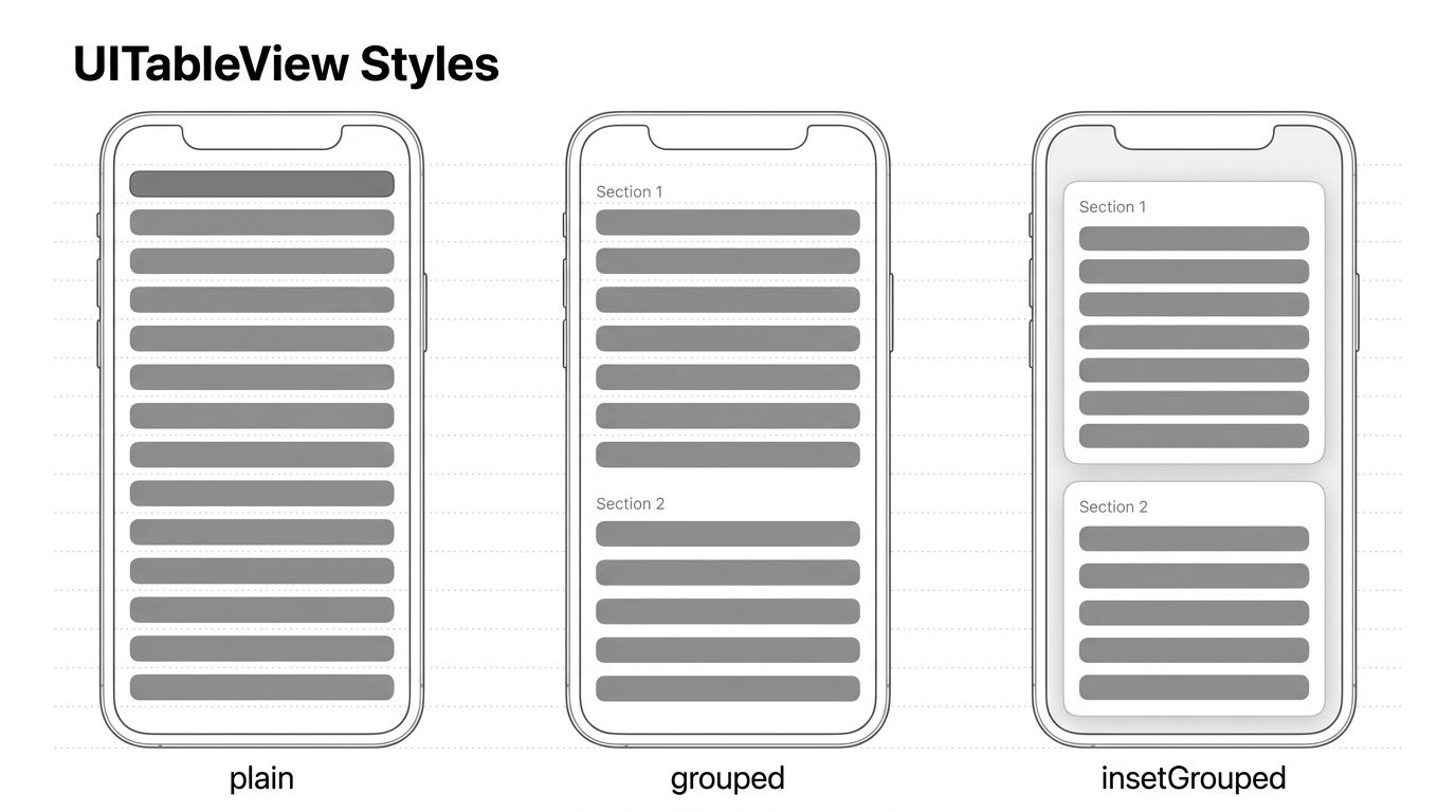 Comparaison côte à côte des trois styles UITableView : plain (rangées pleine largeur avec un en-tête de section collant), grouped (rangées pleine largeur en sections espacées), et insetGrouped (rangées dans des cartes arrondies en retrait des bords de l'écran)